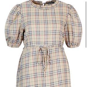 Check puff sleeve smock dress